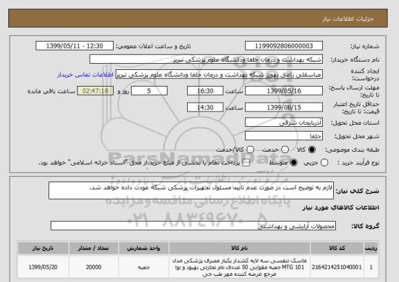 استعلام لازم به توضیح است در صورت عدم تایید مسئول تجهیزات پزشکی شبکه عودت داده خواهد شد.