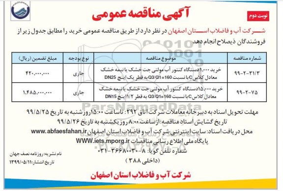 مناقصه ، مناقصه خرید 1.000 دستگاه کنتور آب مولتی جت خشک یا نیمه خشک- نوبت دوم 