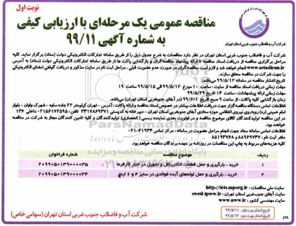 مناقصه ، مناقصه خرید، بارگیری و حمل قطعات الکتریکال... 