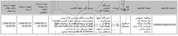 مناقصه عمومی یک مرحله ای واگذاری پایگاه اورژانس 115 پیش بیمارستانی ساغند