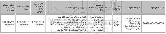 مناقصه عمومی یک مرحله ای واگذاری پایگاه اورژآنس 115 پیش بیمارستانی نیوک