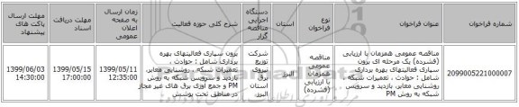مناقصه عمومی همزمان با ارزیابی (فشرده) یک مرحله ای برون سپاری فعالیتهای بهره برداری شامل : حوادث ، تعمیرات شبکه ، روشنایی معابر، بازدید و سرویس شبکه به روش PM
