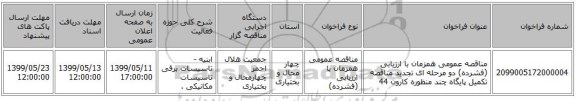 مناقصه عمومی همزمان با ارزیابی (فشرده) دو مرحله ای تجدید مناقصه تکمیل پایگاه چند منظوره کارون 44