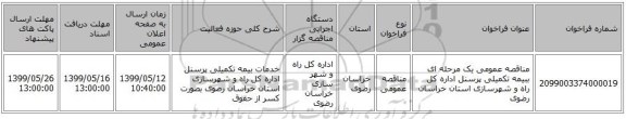 مناقصه عمومی یک مرحله ای ببیمه تکمیلی پرسنل اداره کل راه و شهرسازی استان خراسان رضوی