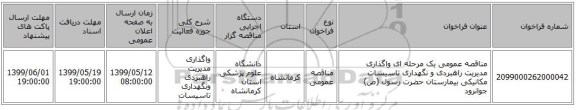 مناقصه عمومی یک مرحله ای واگذاری مدیریت راهبردی و نگهداری تاسیسات مکانیکی بیمارستان حضرت رسول (ص) جوانرود