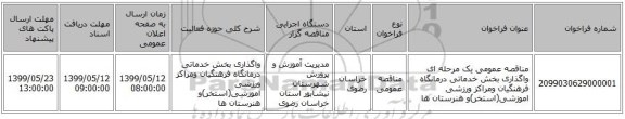 مناقصه عمومی یک مرحله ای واگذاری بخش خدماتی درمانگاه فرهنگیان ومراکز ورزشی اموزشی(استخر)و هنرستان ها