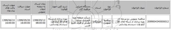 مناقصه عمومی دو مرحله ای بهره برداری از شبکه های 20 کیلو ولت سیستم روشنایی