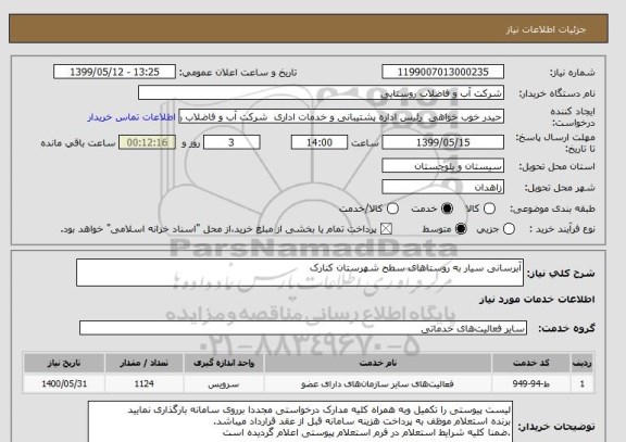 استعلام آبرسانی سیار به روستاهای سطح شهرستان کنارک  