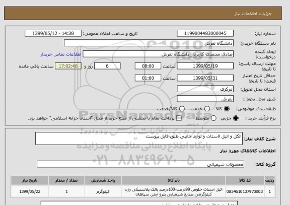 استعلام الکل و اتیل ااستات و لوازم جانبی طبق فایل پیوست