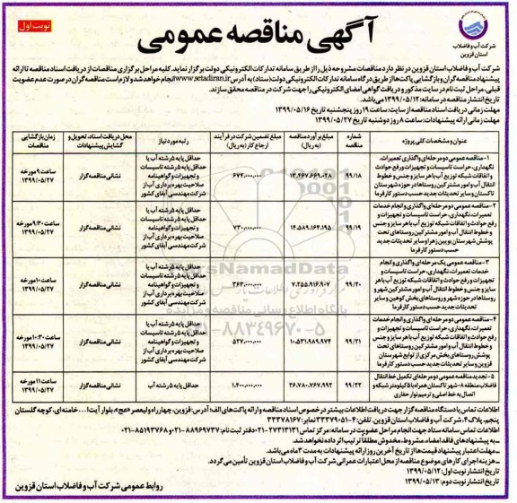 آگهی مناقصه عمومی ، مناقصه واگذاری تعمیرات، نگهداری، حراست تاسیسات و تجهیزات و رفع حوادث و...
