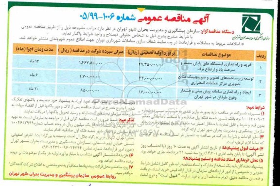 مناقصه تکمیل ، مناقصه خرید و راه اندازی ایستگاه های پایش سمت و سرعت باد و ارتفاع برف ...