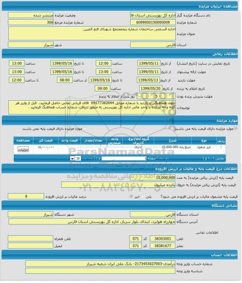 مزایده, مزایده اجاره قسمتی ساختمان شماره پنجم مجتمع شهدای فتح المبین