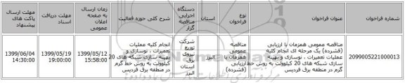 مناقصه عمومی همزمان با ارزیابی (فشرده) یک مرحله ای انجام کلیه عملیات تعمیرات ، نوسازی و بهینه سازی شبکه های  20 کیلوولت به روش خط گرم در منطقه برق فردیس 