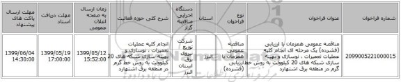 مناقصه عمومی همزمان با ارزیابی (فشرده) یک مرحله ای انجام کلیه عملیات تعمیرات ، نوسازی و بهینه سازی شبکه های  20 کیلوولت به روش خط گرم در منطقه برق اشتهارد 