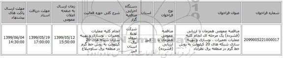 مناقصه عمومی همزمان با ارزیابی (فشرده) یک مرحله ای انجام کلیه عملیات تعمیرات ، نوسازی و بهینه سازی شبکه های  20 کیلوولت به روش خط گرم در  منطقه برق نظرآباد