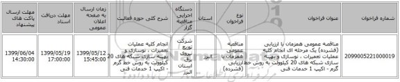 مناقصه عمومی همزمان با ارزیابی (فشرده) یک مرحله ای انجام کلیه عملیات تعمیرات ، نوسازی و بهینه سازی شبکه های  20 کیلوولت به روش خط گرم - اکیپ 1 خدمات فنی 