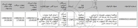 مناقصه عمومی همزمان با ارزیابی (فشرده) یک مرحله ای : انجام کلیه عملیات تعمیرات ، نوسازی و بهینه سازی شبکه های  20 کیلوولت به روش خط گرم - اکیپ 2 خدمات فنی 