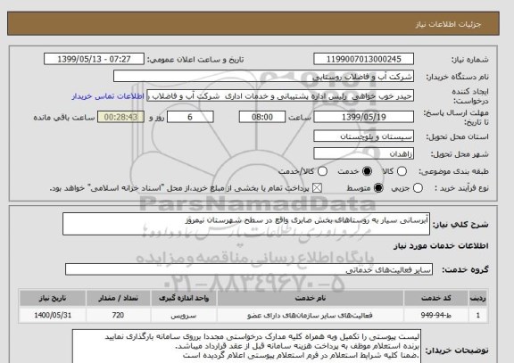 استعلام آبرسانی سیار به روستاهای بخش صابری واقع در سطح شهرستان نیمروز 