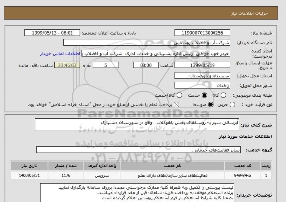 استعلام آبرسانی سیار به روستاهای بخش باهوکلات   واقع در شهرستان دشتیاری