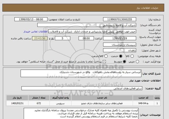 استعلام آبرسانی سیار به روستاهای بخش باهوکلات   واقع در شهرستان دشتیاری