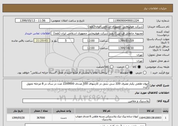 استعلام لیوان طلقی یکبار مصرف 220 سی سی در کارتنهای 550 عددی 2200000 عدد در سال در 8 مرحله تحویل گردد