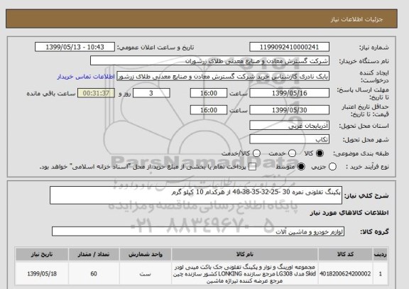 استعلام پکینگ تفلونی نمره 30 -25-32-35-38-40 از هرکدام 10 کیلو گرم