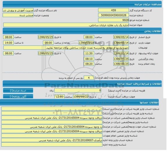 مزایده,مزایده اجاره یک باب مغازه