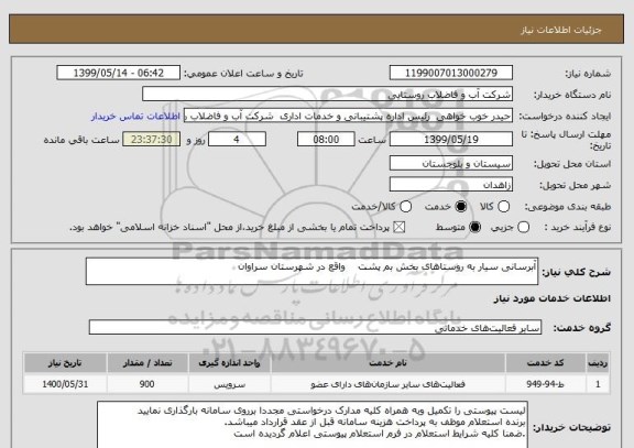 استعلام آبرسانی سیار به روستاهای بخش بم پشت    واقع در شهرستان سراوان  