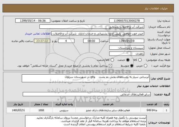 استعلام آبرسانی سیار به روستاهای بخش بم پشت    واقع در شهرستان سراوان  