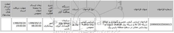 فراخوان ارزیابی کیفی تعمیر و نگهداری و اصلاح شبکه 20 kv و شبکه برق فضاهای شهری و روشنایی معابر در سطح منطقه پارس یک   