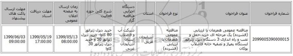 مناقصه عمومی همزمان با ارزیابی (فشرده) یک مرحله ای خرید،حمل و نصب و راه اندازی 3 دستگاه دیزل ژنراتور ایستگاه پمپاژ و تصفیه خانه فاضلاب بوکان