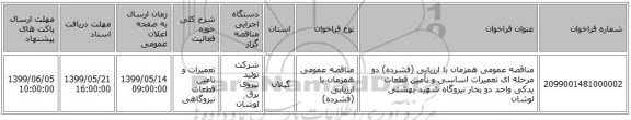 مناقصه عمومی همزمان با ارزیابی (فشرده) دو مرحله ای تعمیرات اساسی و تأمین قطعات یدکی واحد دو بخار نیروگاه شهید بهشتی لوشان 