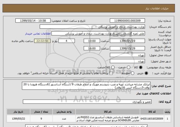 استعلام ایرانکد مشابه میباشد تهیه و نصب سیستم موزیک و اعلام طبقات 9 دستگاه آسانسور (6دستگاه هیوندا با 20 توقف؛3دستگاه اتیس 16توقف)