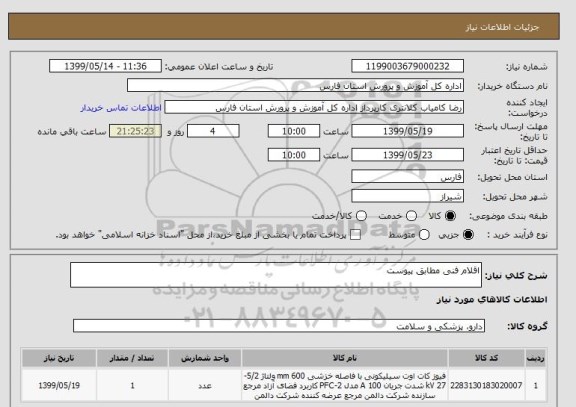 استعلام اقلام فنی مطابق پیوست 