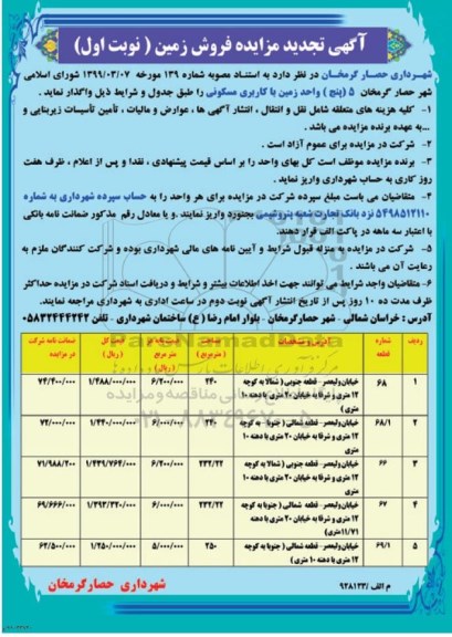 آگهی مزایده مزایده تجدید فروش 5 واحد زمین با کاربری مسکونی نوبت اول