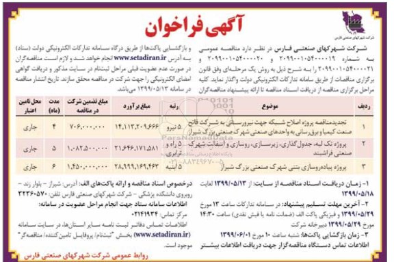 آگهی فراخوان ، فراخوان اصلاح شبکه جهت نیرورسانی و ...