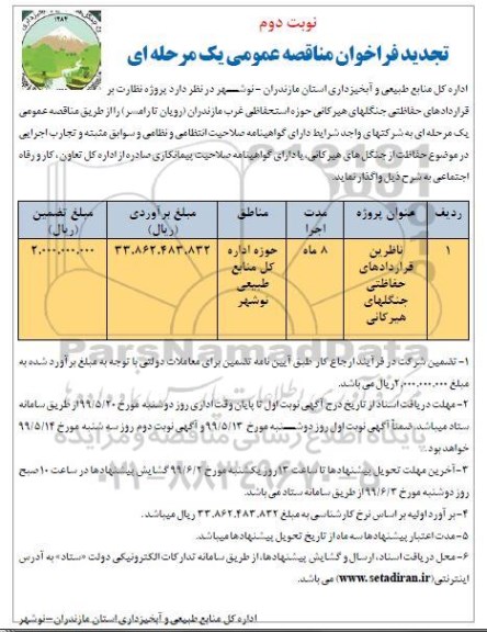 تجدید فراخوان مناقصه ،تجدید فراخوان مناقصه پروژه نظارت بر قراردادهای حفاظتی جنگلهای...- نوبت دوم 