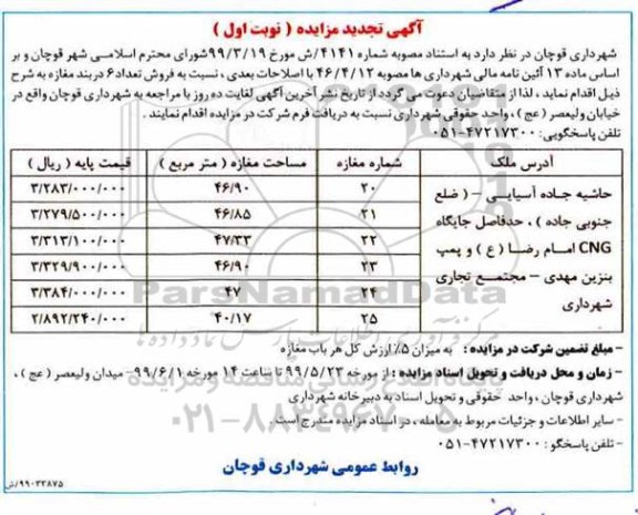 آگهی مزایده مزایده فروش مغازه 6 دربند مغازه نوبت اول 