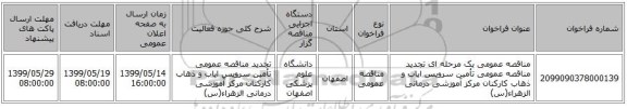 مناقصه عمومی یک مرحله ای تجدید مناقصه عمومی تأمین سرویس ایاب و ذهاب کارکنان مرکز آموزشی درمانی الزهراء(س)
