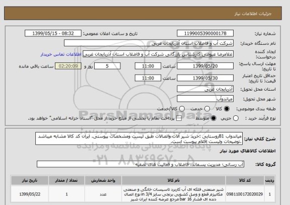 استعلام میاندواب 81روستایی :خرید شیر آلات واتصالات طبق لیست ومشخصات پیوستی. ایران کد کالا مشابه میباشد .توضیحات ولیست اقلام پیوست است.