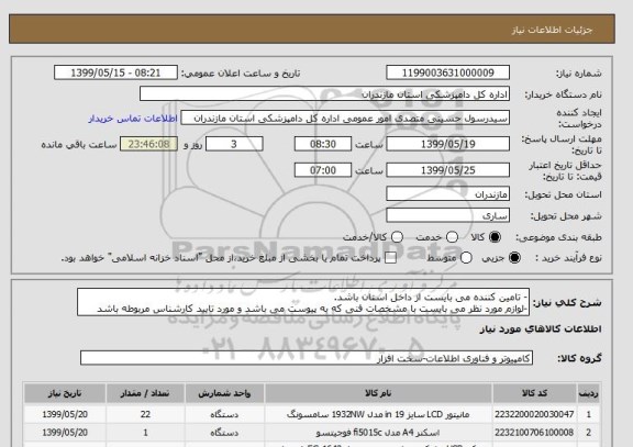 استعلام - تامین کننده می بایست از داخل استان باشد.
-لوازم مورد نظر می بایست با مشخصات فنی که به پیوست می باشد و مورد تایید کارشناس مربوطه باشد