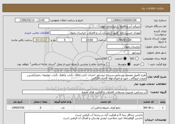 استعلام طرح تکمیل مجتمع روستایی سرچاه نیشابور -احداث 1باب اتاقک ,2باب چاهک ,3باب حوضچه ,حصارکشی, مرمت ایزوگام , خرید و اجرای لوله گذاری 520متر
