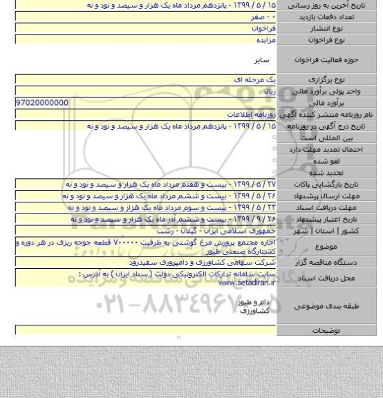 اجاره مجتمع پرورش مرغ گوشتی به ظرفیت ۷۰۰۰۰۰ قطعه جوجه ریزی در هر دوره و کشتارگاه صنعتی طیور