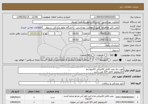 استعلام مورد نیاز پمپ کامل الکتریکی الکتروژن و
الکتروموتور کامل 3/4 می باشد