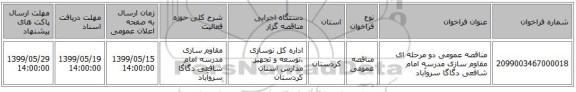 مناقصه عمومی دو مرحله ای مقاوم سازی مدرسه امام شافعی دگاگا سروآباد