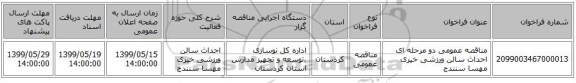مناقصه عمومی دو مرحله ای احداث سالن ورزشی خیری مهسا سنندج 