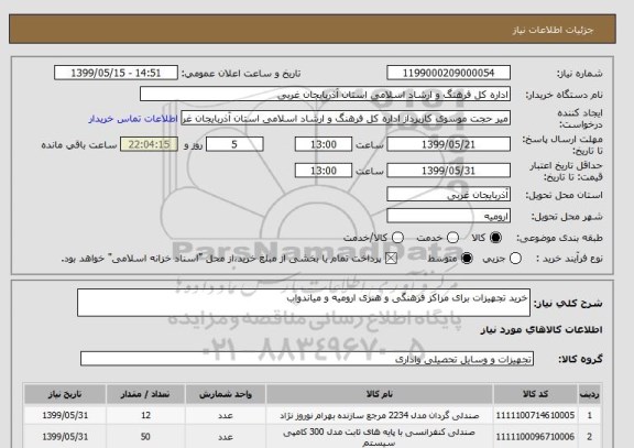 استعلام خرید تجهیزات برای مراکز فرهنگی و هنری ارومیه و میاندواب
