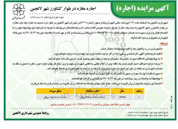 مزایده, مزایده اجاره مغازه 