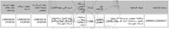 مناقصه عمومی دو مرحله ای پروژه تکمیل ساختمان اداره کل بیمه سلامت استان خوزستان