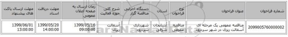 مناقصه عمومی یک مرحله ای آسفالت ریزی در شهر سردرود